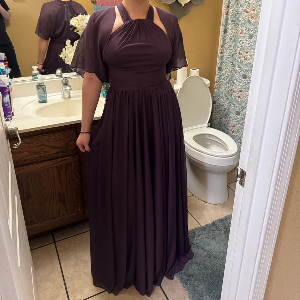 David's Bridal Deep Purple Plum Maxi Dress + matching shawl